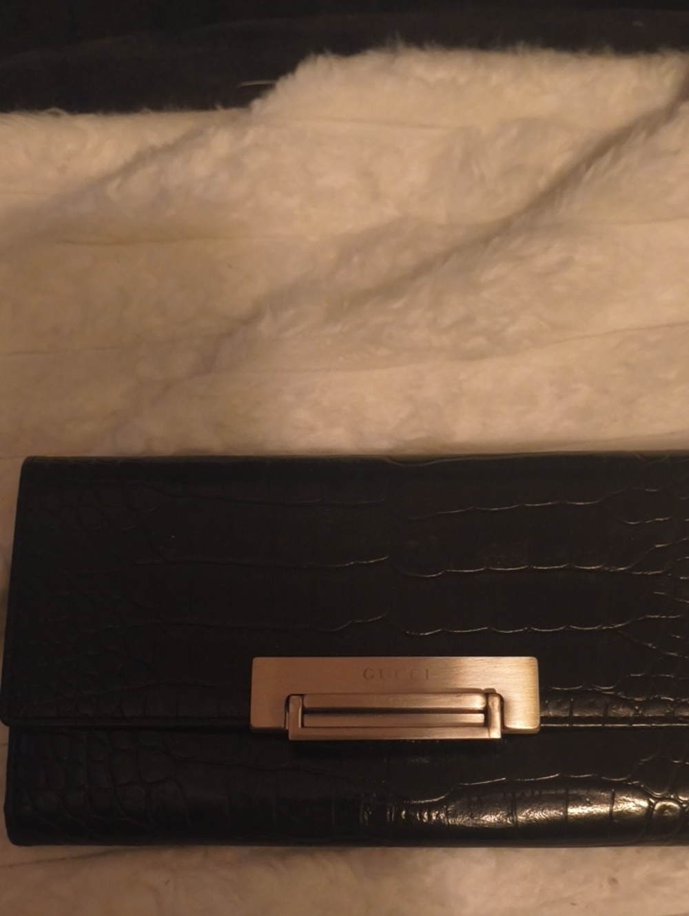 Gucci Black Trifold Croc-Embossed Wallet with Silver Hardware Tone